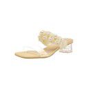 Show foot white 2021 summer version gentle gauze Beaded lady sandals transparent herringbone belt medium thick heel sandals for external wear 