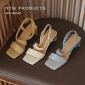 2021 summer new soft and comfortable square head open toe middle heel sandals Korean version simple thick heel slotted buckle sandals 