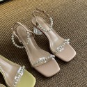 2021 summer new one line belt pearl sandals female summer fairy temperament crystal medium thick heel cowhide women's shoes 