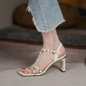 2021 summer new fashion cowhide sandals European and American style square head rivet t-button high heels thick heel sandals women 