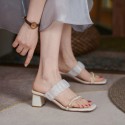 2021 summer new square head lace pearl open toe middle heel slippers Korean thick heel women's slippers 