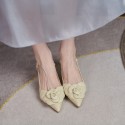 20201 Baotou back empty high heels women's summer one line buckle leather elegant flower pointed sandals light yellow 