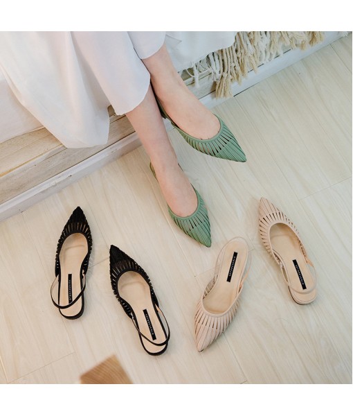 2020 summer new pointed Baotou flat sandals soft color thick heel simple fairy cowhide women's shoes 