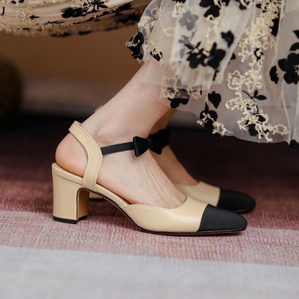 2021 summer new bowknot high-heeled Baotou sandals women's shoes small fragrance color matching inside and outside full leather thick heels elegant 