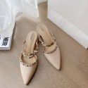 Pointed cow leather women's sandals summer 2020 new pointed thick heel middle shoes rivets wear one-piece slippers 