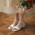 Spring and summer 2021 new Korean version simple thick heel fairy style medium heel temperament crystal heel French women's sandals 