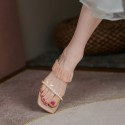 2021 summer new square head lace pearl open toe middle heel slippers Korean thick heel women's slippers 