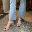 2021 summer new one line belt pearl sandals female summer fairy temperament crystal medium thick heel cowhide women's shoes 