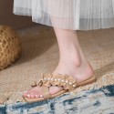 2021 summer new flat bottom lovely pearl slippers comfortable fairy style sweet low heel flowers wear women's slippers outside 