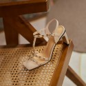 2021 summer new fashion cowhide sandals European and American style square head rivet t-button high heels thick heel sandals women 