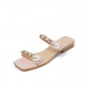 2021 summer fairy slippers wear Holiday Beach retro pearl metal chain flat bottom one-way belt female sandals 
