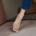 2021 summer new fashion cowhide sandals European and American style square head rivet t-button high heels thick heel sandals women 