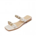 2021 summer fairy slippers wear Holiday Beach retro pearl metal chain flat bottom one-way belt female sandals 
