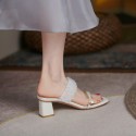 2021 summer new square head lace pearl open toe middle heel slippers Korean thick heel women's slippers 