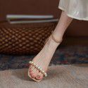 Sandals female cowhide net Red Fairy style summer square head 2021 spring middle heel thick heel French pearl one-way belt single shoe 