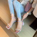 One line sandals 2021 new female summer net red fashion medium heel casual Beaded fairy style thick heel Roman shoes 