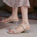 Rhinestone sandals female summer two wear thick heel crystal heel 2021 new fairy style transparent belt holiday slippers 