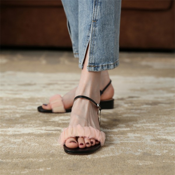 2021 summer new sandals fairy wind gauze sandals round head low heel square head ins Korean style one-sided belt shoes 