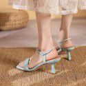 Pleated one-line sandals women's summer and Korean version simple thin high heels 2021 new open toe square head one-line buckle 