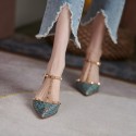 2021 summer new fishskin rivet pointed high heels with one-line buckle and fine heel cowhide wrapped sandals women's shoes 