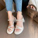 French Open Toe sandals women's summer thick heels 2021 new one-line buckle pearl retro fairy style high heels 