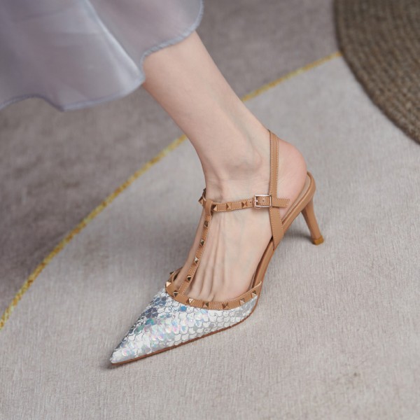 2021 summer new fishskin rivet pointed high heels with one-line buckle and fine heel cowhide wrapped sandals women's shoes 