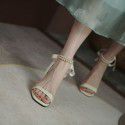 Net red thick heel sandals fairy style 2021 summer new fashion pearl bow temperament Roman high heels