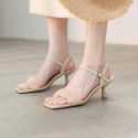 Ximan 2021 summer new one line mesh sandals women's thin heels retro temperament fairy style square head high heels 
