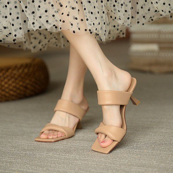 Square head open toed sheepskin sandals for women to wear out in summer fashion high heels, thin heels, fairy word belt sandals for women 