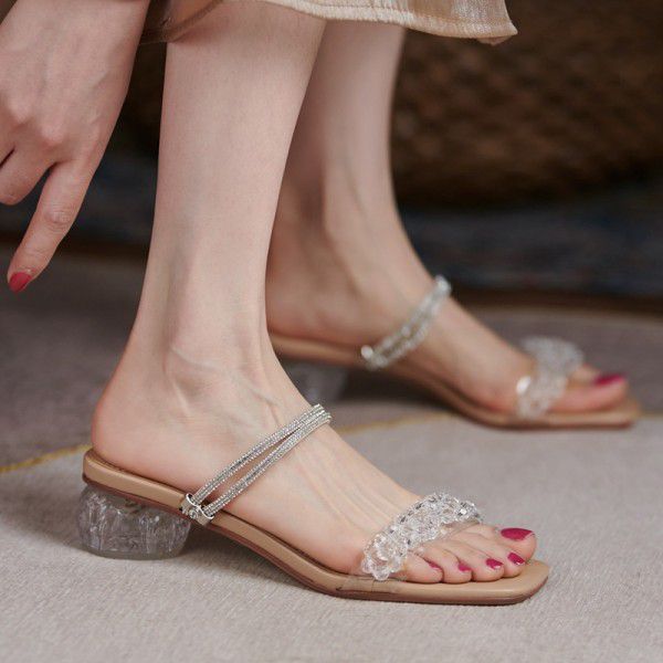 Rhinestone sandals female summer two wear thick heel crystal heel 2021 new fairy style transparent belt holiday slippers 