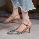 2021 summer new fishskin rivet pointed high heels with one-line buckle and fine heel cowhide wrapped sandals women's shoes 