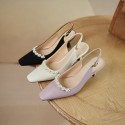 2021 spring and summer new Baotou sandals women's simple pearl purple middle heel thin heel back trip strap simple women's shoe buckle 