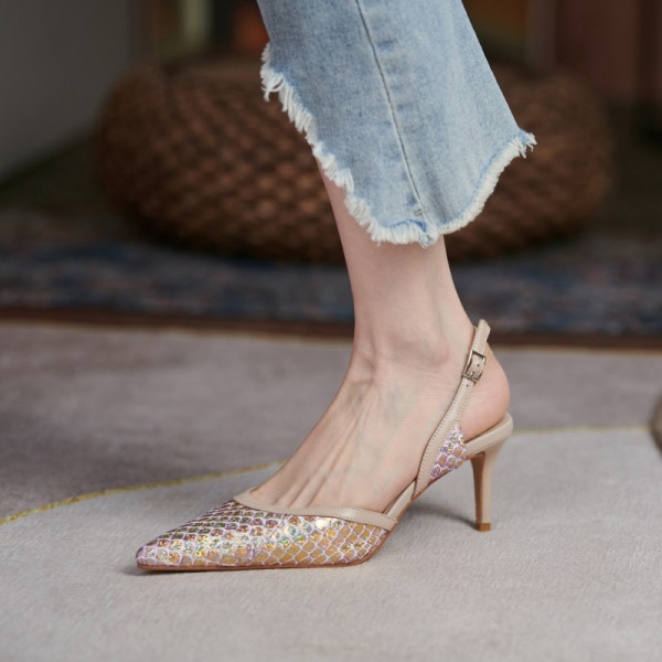 2021 new French one line buckle with thin heel pointed shallow mouth high heels summer hollow Baotou women's sandals 