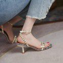 Summer one line buckle sandals women's fashion middle heel 2021 new European and American style square head rivet thin heel high heels