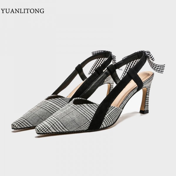 2021 summer new style small pointed lattice fashion high-heeled sandals bow women's sandals versatile almond shoes women's sandals 