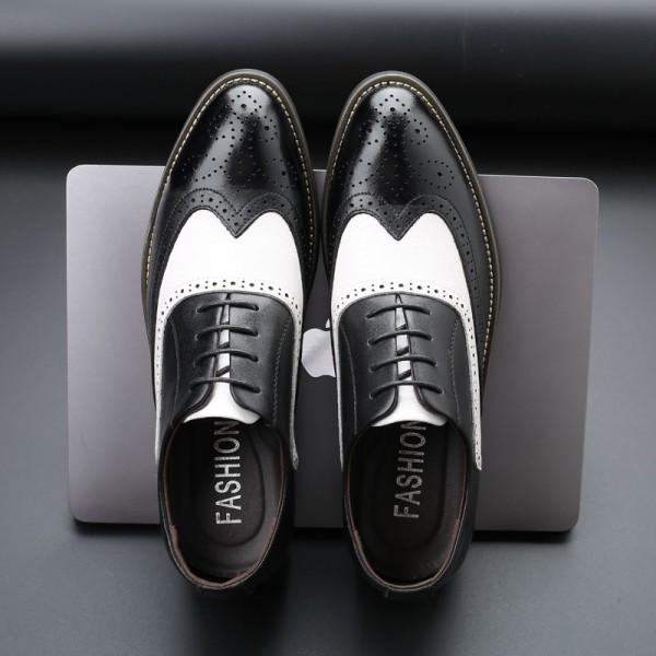 Remblock carved pointed leather shoes black and white stitched business leather shoes men's foreign trade large leather shoes