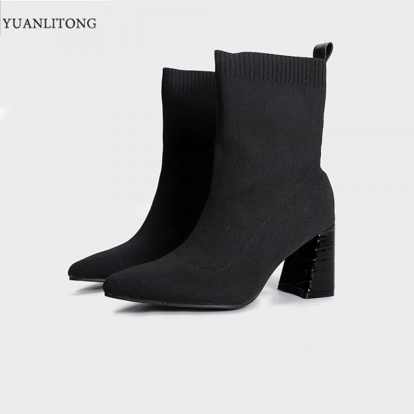 2021 new net red thin pointed thick heel elastic Boots Black Satin socks boots thin boots high heels women's Boots