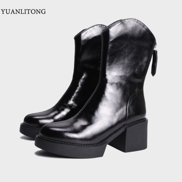 Yuanlitong French retro western cowboy boots women's versatile breathable thick heels high heels soft leather back zipper short boots women's shoes