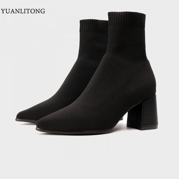 2021 new fashion thick heel pointed fashion socks boots fashion women's shoes high heels casual women's flying woven short boots