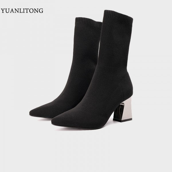 2021 square thick heel pointed fashion socks Boots Black 7cm high heel casual women's short boots from the source factory 