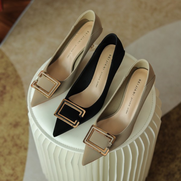 988-3 net red French girls' soft leather high heels thin heels pointed temperament buckle work single shoes two wear heel