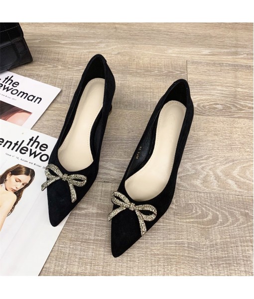 2021 spring and summer new thick heels high heels suede Rhinestone bow shallow mouth single shoes pointed casual HEELS WOMEN