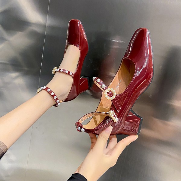 Vintage wine red pearl flower Mary Jane shoes new one line belt thick heel shoes women's pearl belt high heels