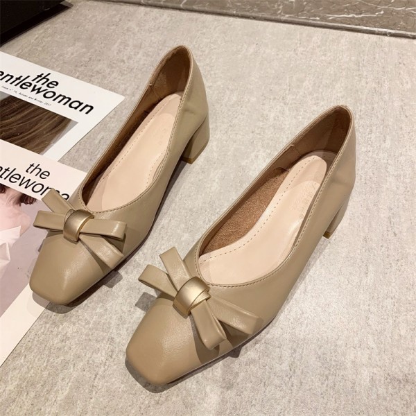 Korean bow high heels women's 2021 spring and summer new square head thick heel shoes simple low heel shoes women