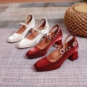 New flower pearl one line buckle high heels women's Retro square head thick heel shoes women's wine red high heels wedding shoes