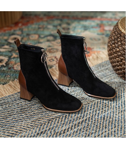 2021 early autumn new square suede high-heeled boots children's Korean version front zipper middle tube thick heel boots thin boots