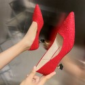 Korean version pointed low heel shoes women's 2021 early autumn new wine glass heel high heels shallow mouth red wedding shoes single shoes