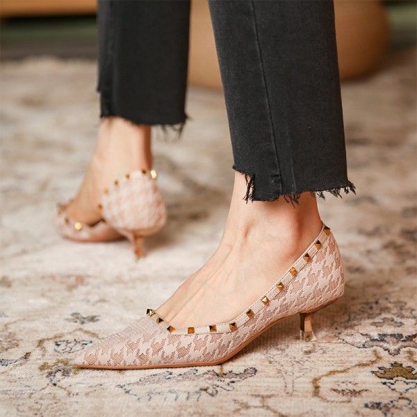 339-12 thousand bird lattice gauze high heels women's pointed thin heels middle heel rivet single shoes shallow mouth retro style spring 2021