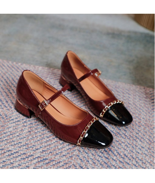 2021 new metal chain square head small leather shoes women's flat belt buckle thick heel single shoes Retro High Heels Mary Jane shoes