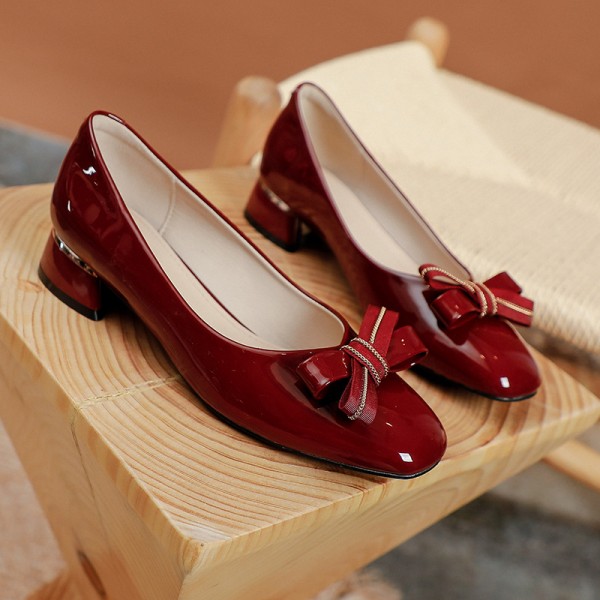 Gentle temperament Wine Red Butterfly Wedding Shoes New lacquer leather square head thick heel shoes women's fresh middle heel high heels